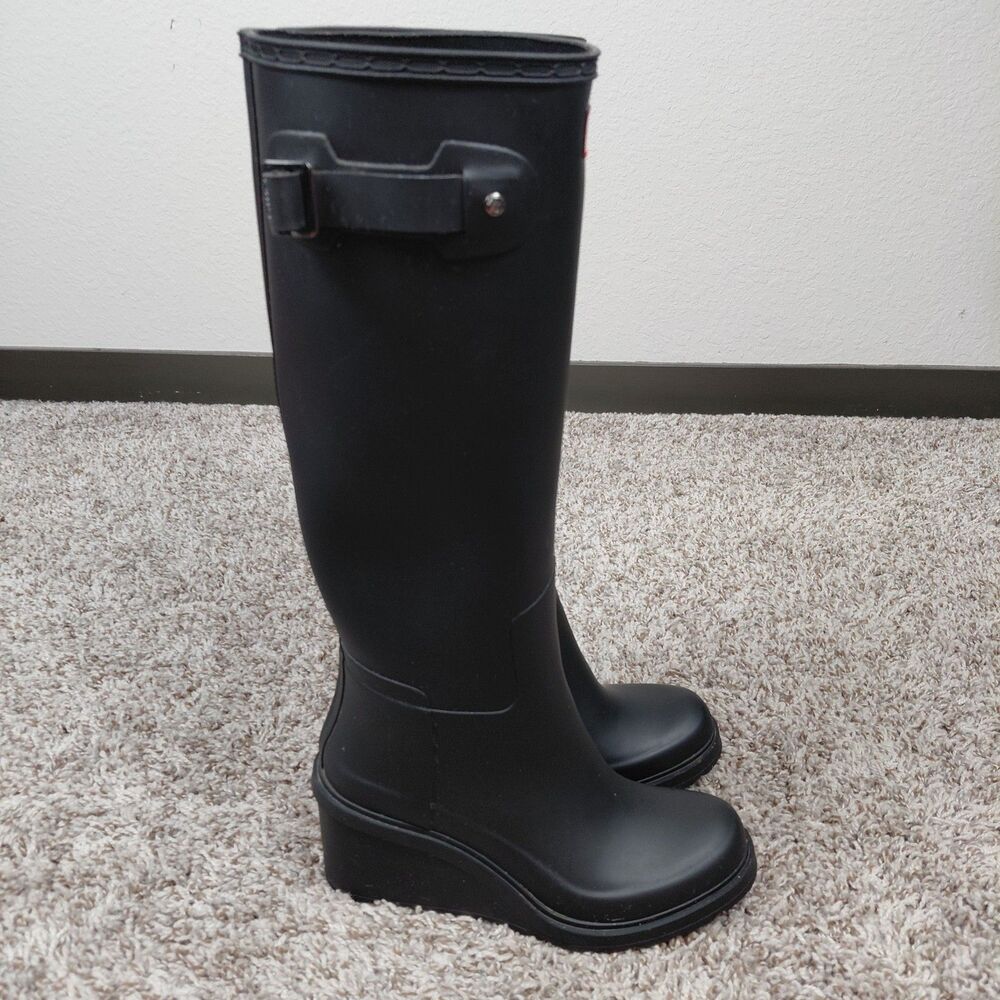Hunter Original Refined Mid Wedge Tall Boots Womens 8 Black Rain Ourdoor - Picture 4 of 9